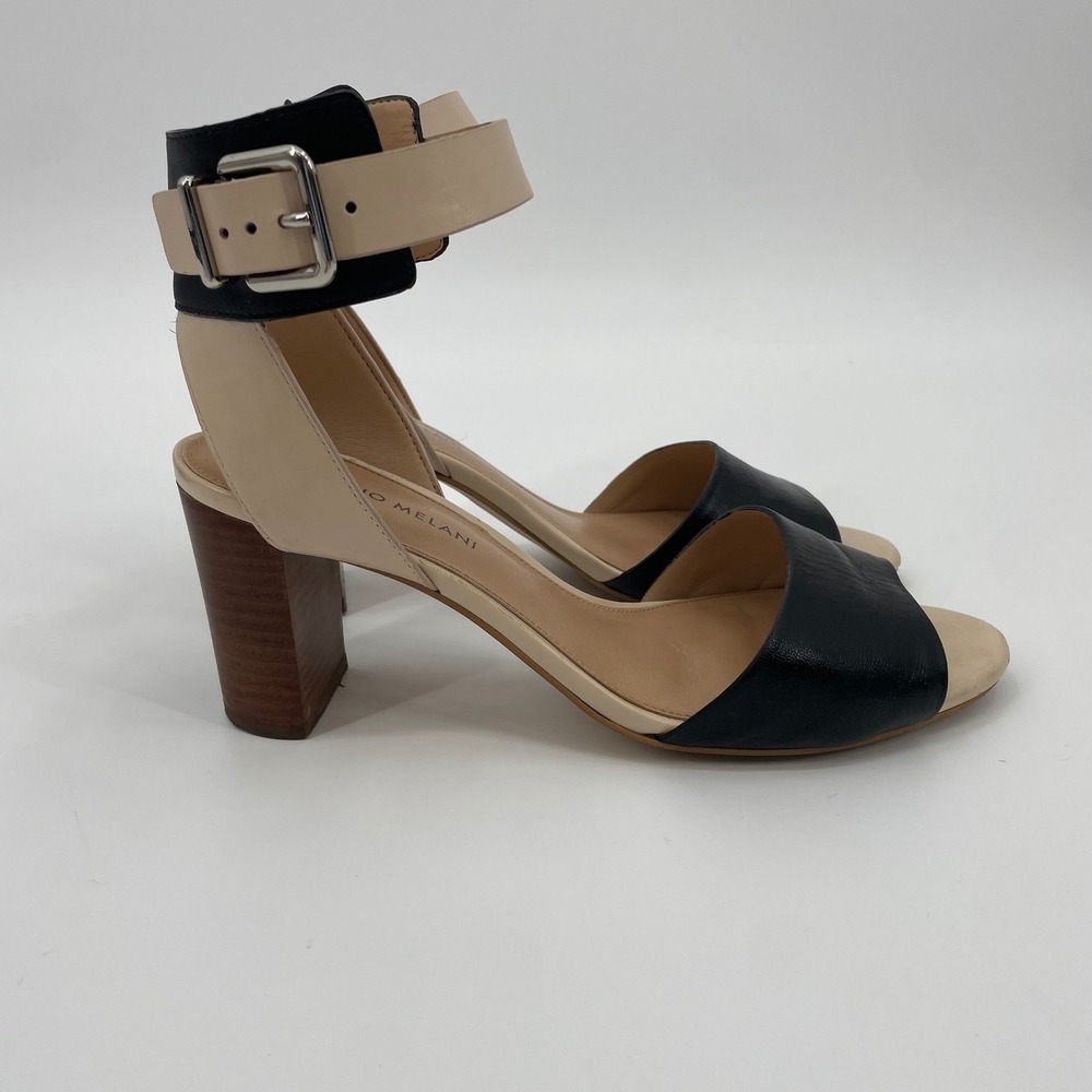 Antonio Melani Sandals Womens 9.5M Black Beige Leather Block Heel Ankle Strap